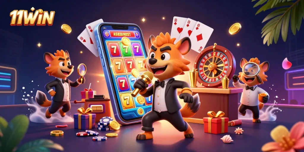 Experience 11WIN’s comedy casino fun with hyenas, vibrant games, and rich casino elements.