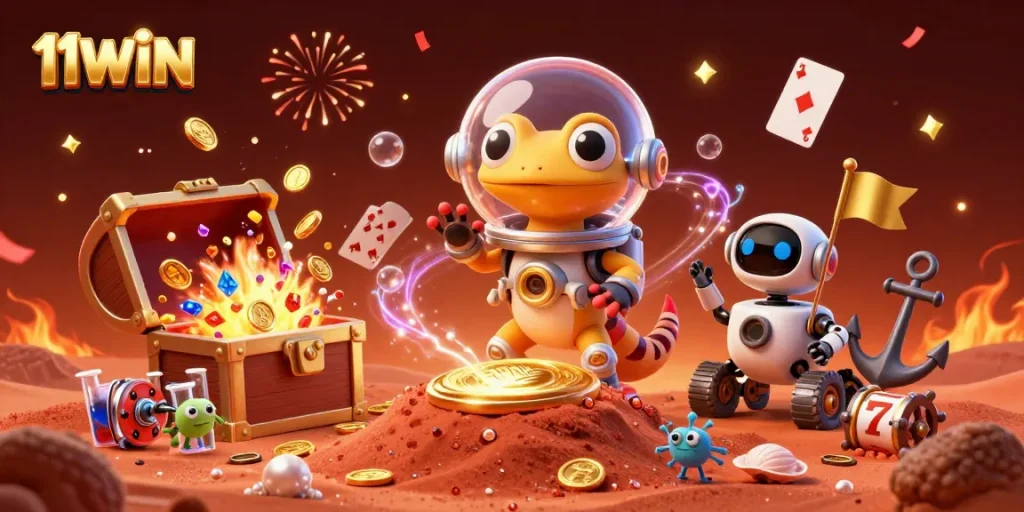 Experience the thrill of 11WIN with unique casino elements in a vibrant Martian setting.