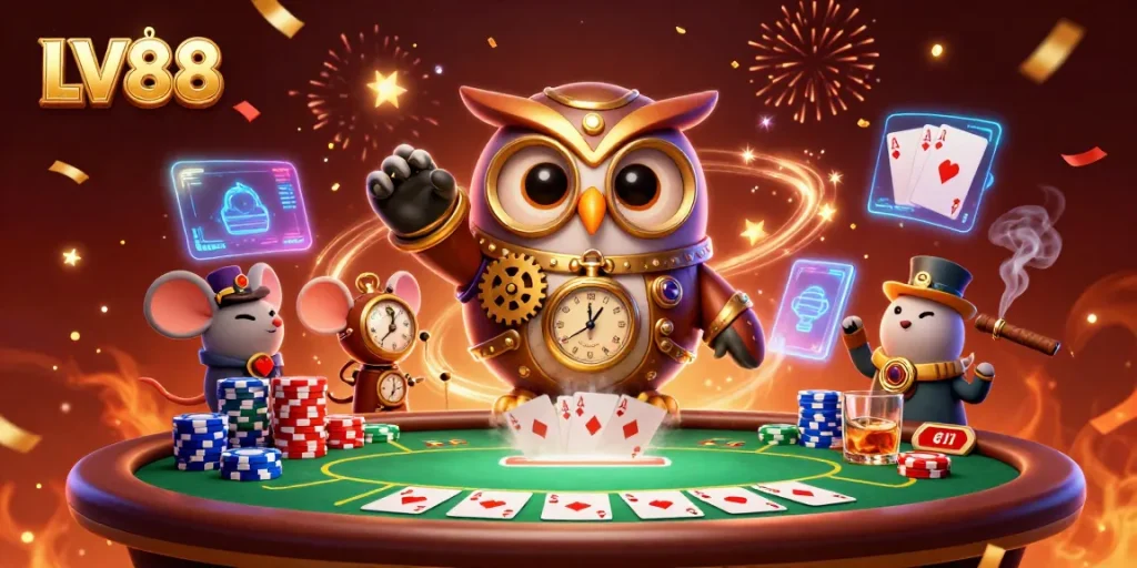 Experience the thrill of LV88 with a steampunk owl and vibrant casino elements.