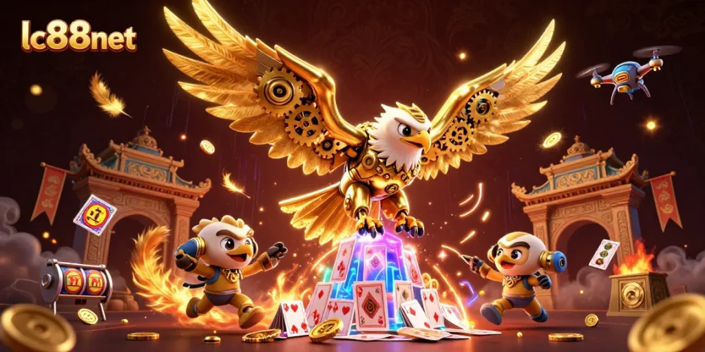 Experience thrilling gaming action with lc88net's dynamic casino scene featuring a cybernetic eagle.