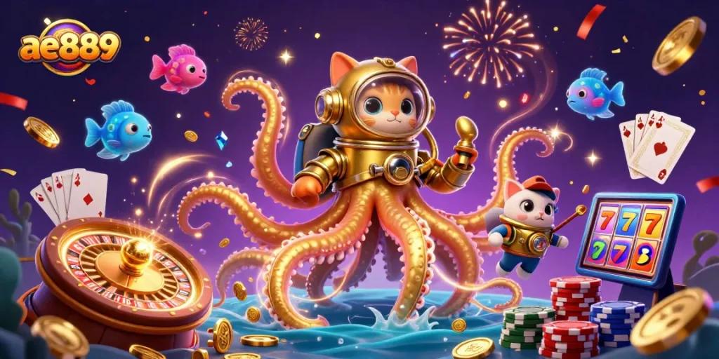 Bet on ae889 with colossal kraken and treasure, featuring dynamic casino elements