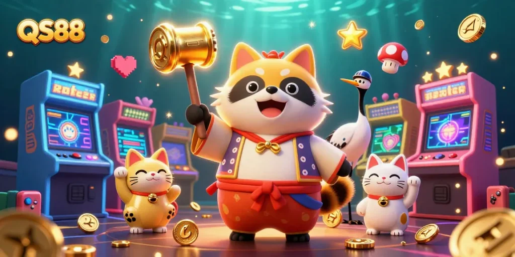Experience vibrant gaming fun with QS88's cheerful tanuki mascot and friends celebrating in a lively casino atmosphere.