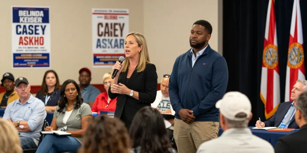 Casey Askar and Belinda Keiser at a town hall meeting showcasing contrasting political values for FL-22.