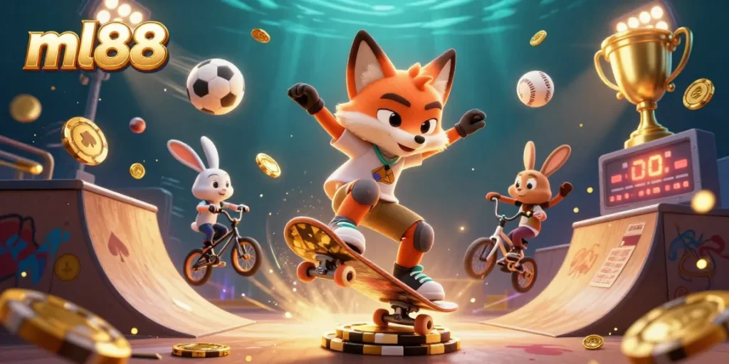 Engage in exciting bets at ml88 with a 3D skateboarder fox and BMX-riding rabbit illustration.
