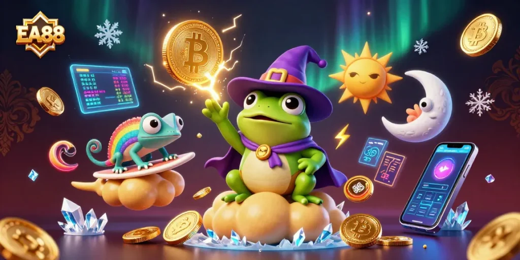 Experience gaming thrills with EA88, capturing golden coins in a vibrant 3D casino scene.