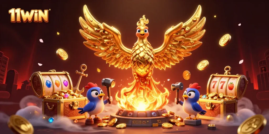 Immerse in the world of 11WIN with an epic scene of a golden phoenix and vibrant casino treasures.