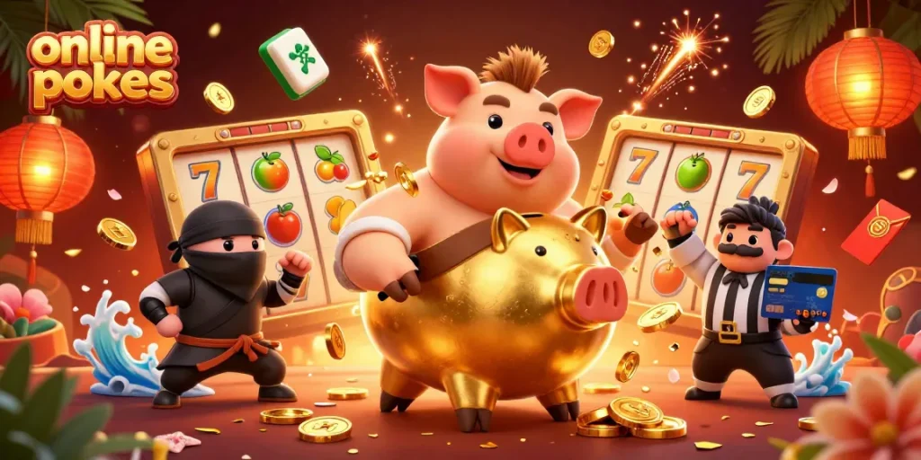 Experience the thrill of online pokies with vibrant characters and dynamic casino elements.