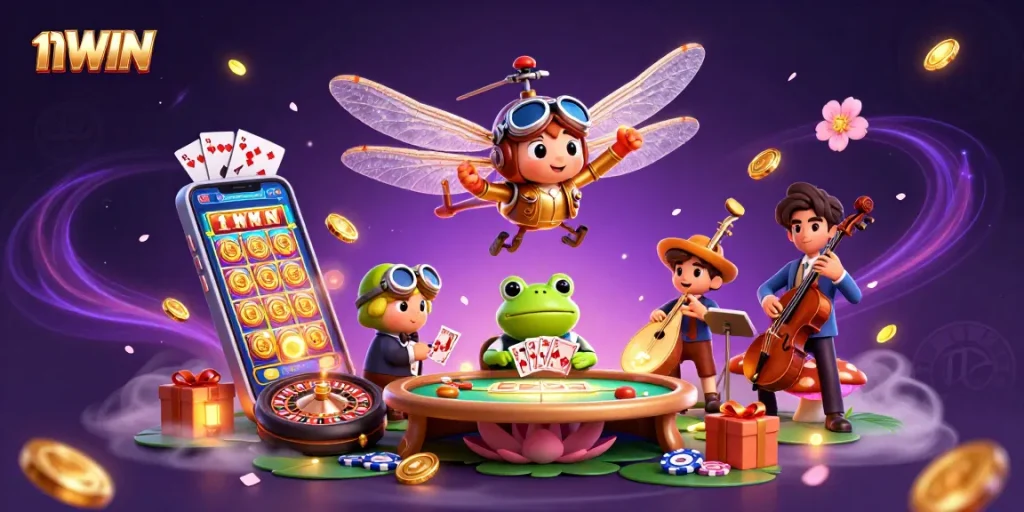 Experience thrilling gaming action at 11WIN with a lively casino scene featuring a dragonfly pilot and vibrant card games.