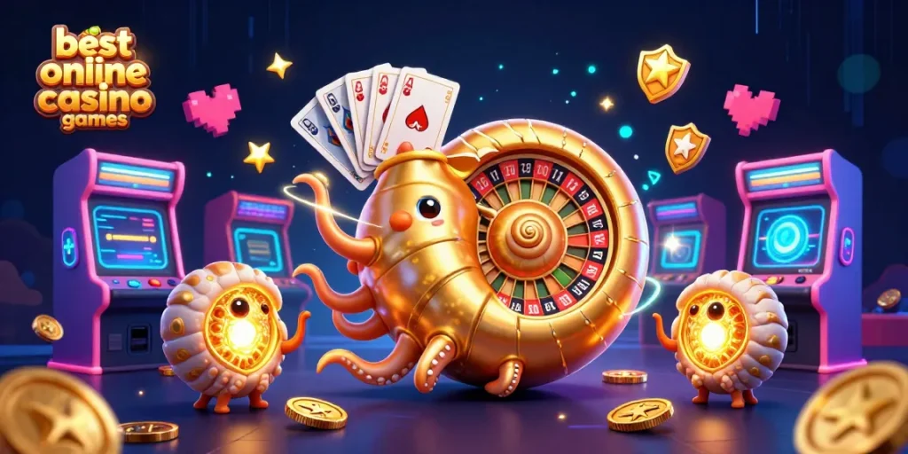 Win with the best online casino games featuring a vibrant 3D nautilus and glowing arcade machines.