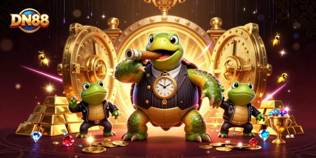 Witness the thrilling vibe at DN88 with our 3D casino scene showcasing a turtle in a mobster suit!
