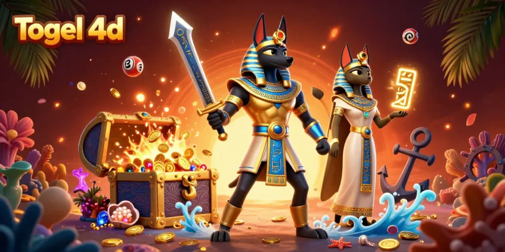 Engage with Togel 4d action through vibrant lottery scenes with Anubis and Bastet.