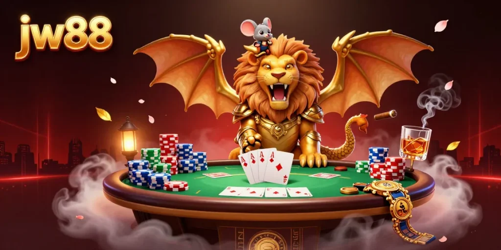 Experience thrilling poker gameplay at jw88 with a dynamic chimera and vibrant gaming elements.