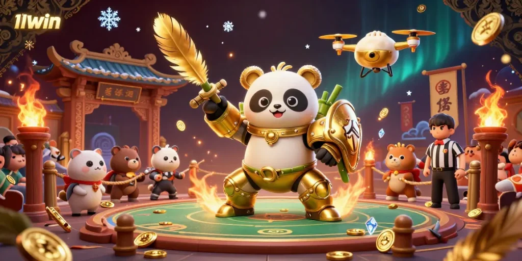 Engage in thrilling gameplay with 11WIN featuring a dynamic mech-suit panda and golden gambling elements.