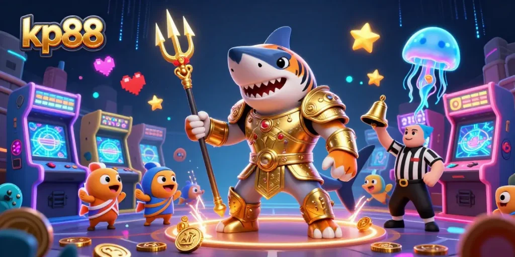 Experience thrilling gameplay at kp88 with a fierce tiger shark in a gladiator setting.