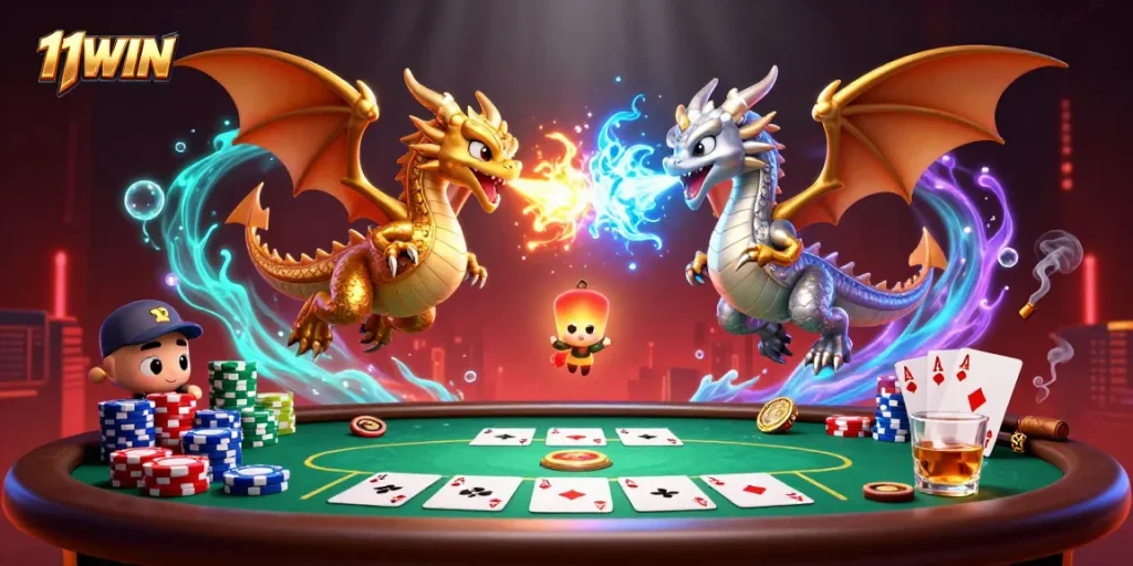 Engage with 11WIN's 3D dragons and vibrant poker scene, showcasing thrilling casino action.