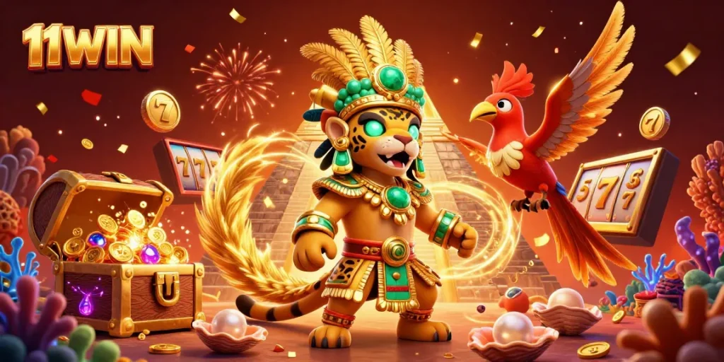 Experience thrilling gaming at 11WIN with a vibrant scene featuring powerful characters and exciting slot elements.