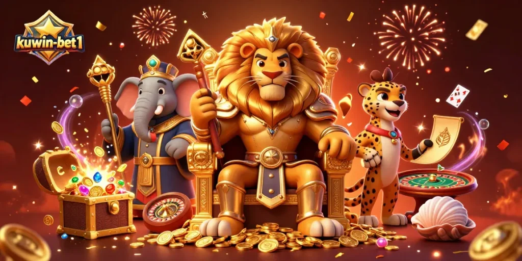 Experience excitement and wealth with kuwin-bet1's interactive casino scene featuring vibrant characters and games.