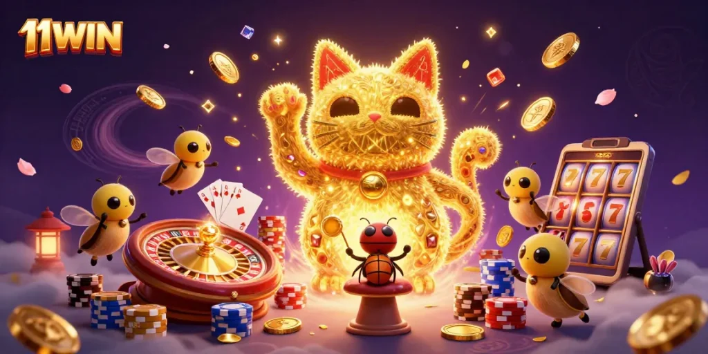 Experience excitement with 11WIN: vibrant casino-themed illustration brimming with luck.