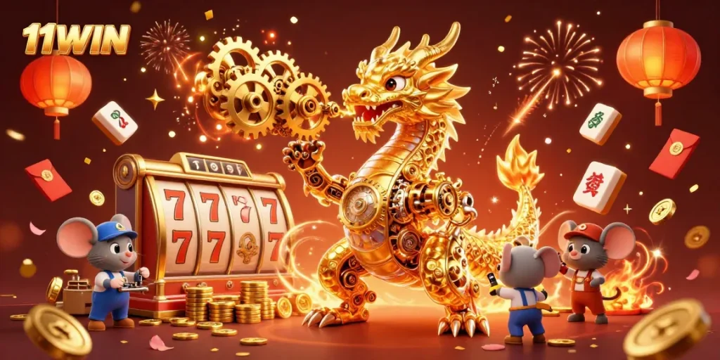 Engage with 11WIN's captivating slots environment featuring dynamic golden dragon and slot reels.