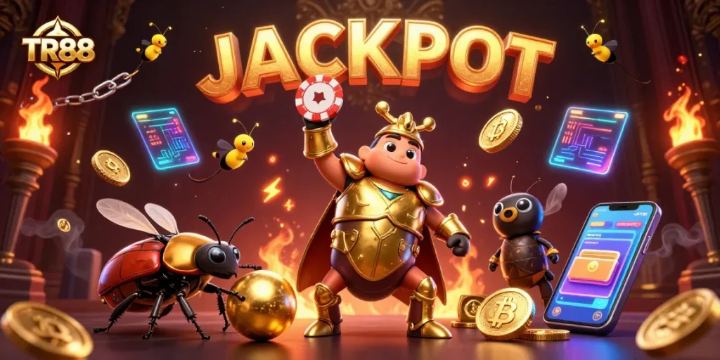 TR88 showcases a hercules beetle lifting a poker chip amidst vibrant casino-themed elements.