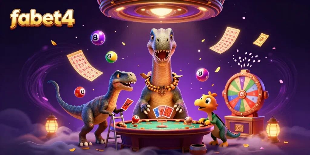 Win exciting games with fabet4, featuring a playful casino scene with vibrant elements and characters.