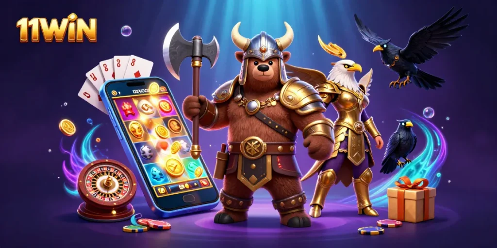 Engage with thrilling gameplay at 11WIN featuring Viking characters amidst dynamic slot machines and casino elements.