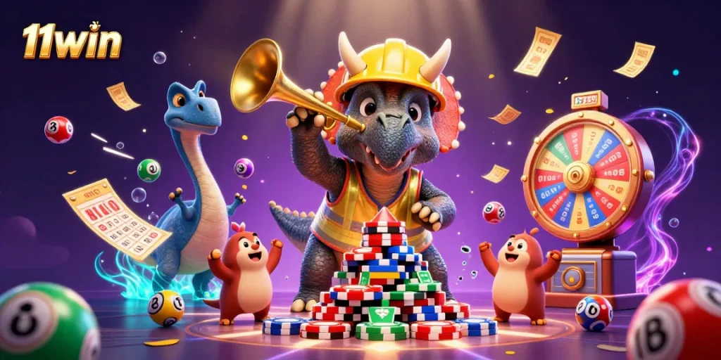 Experience the gaming excitement at 11WIN with a vibrant 3D casino celebration scene.
