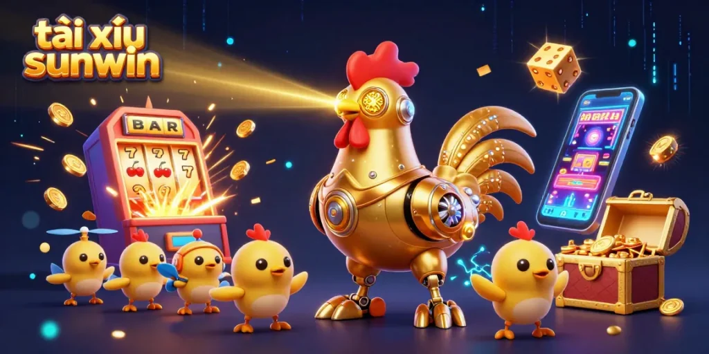 Tài xỉu sunwin showcases a playful golden rooster robot shooting lasers amidst a vibrant casino scene.