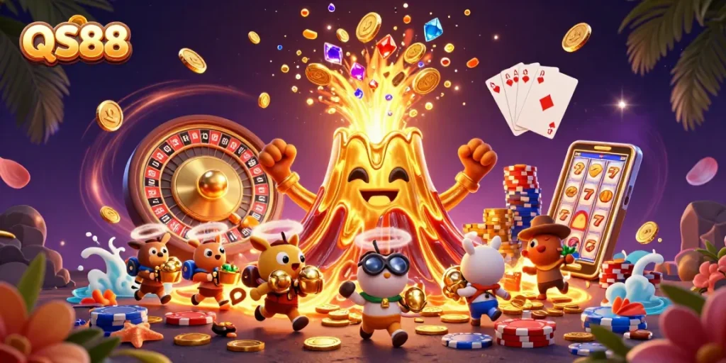 Win big with QS88 at an exhilarating online casino, featuring vibrant golden treasures and thrilling gameplay!