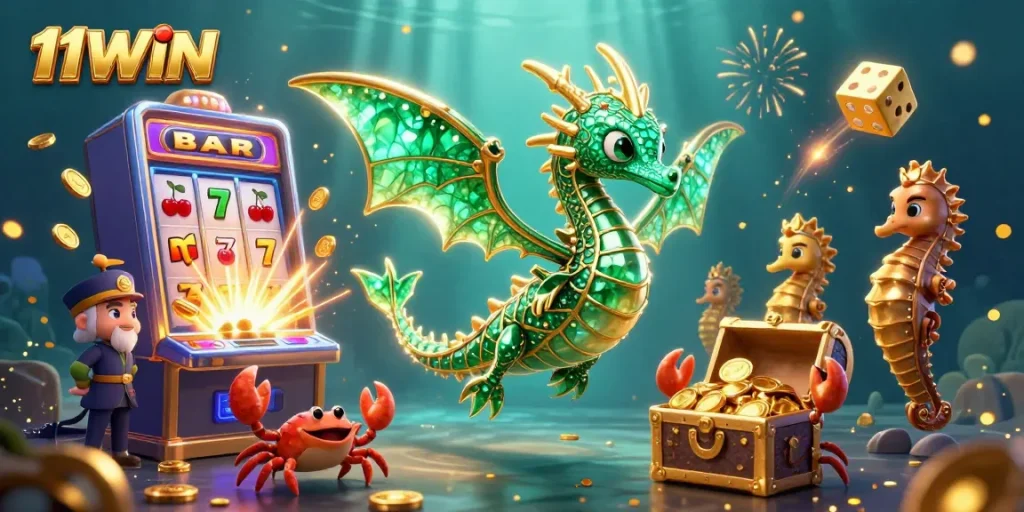 Experience winning with 11WIN's vibrant 3D casino adventure showcasing slots, treasures, and excitement.