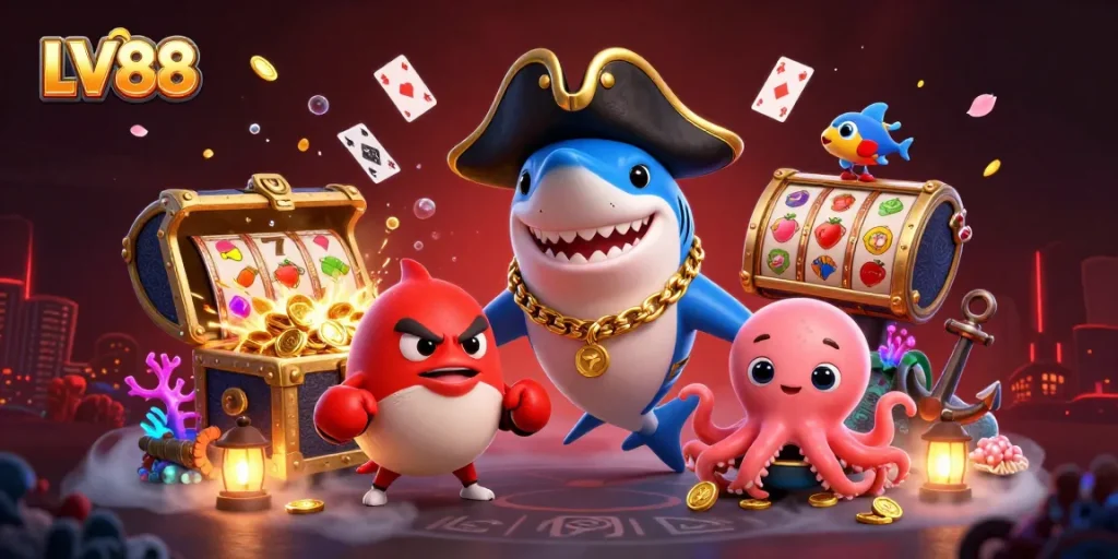 Engage with thrilling gaming adventures at LV88 featuring a pirate shark, pufferfish, and octopus.